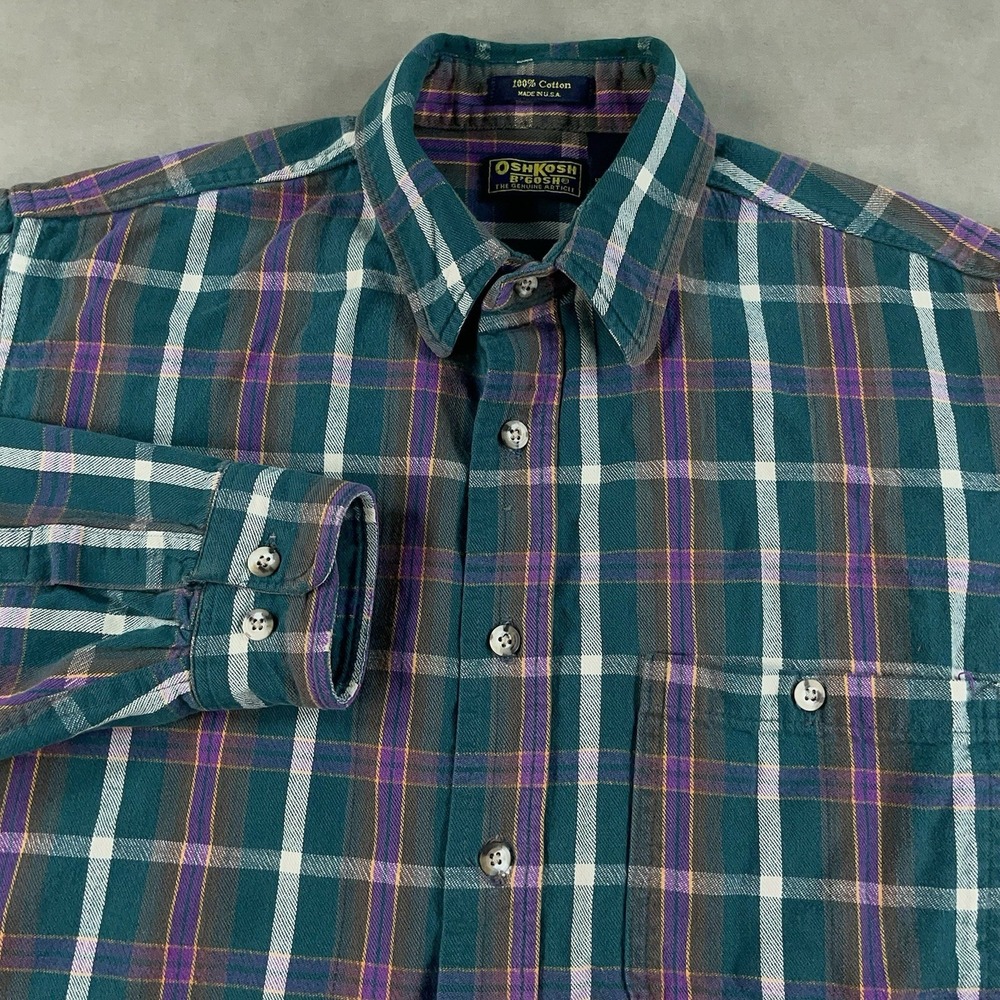 Vintage OshKosh B'Gosh Green Plaid Heavy Flannel‎ Shirt Men's Large USA Workwear
